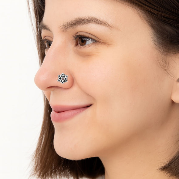 Brown Gemstone Floral Nose Pin - Sterling Silver