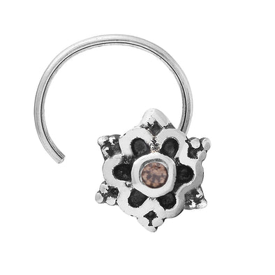 Brown Gemstone Floral Nose Pin - Sterling Silver