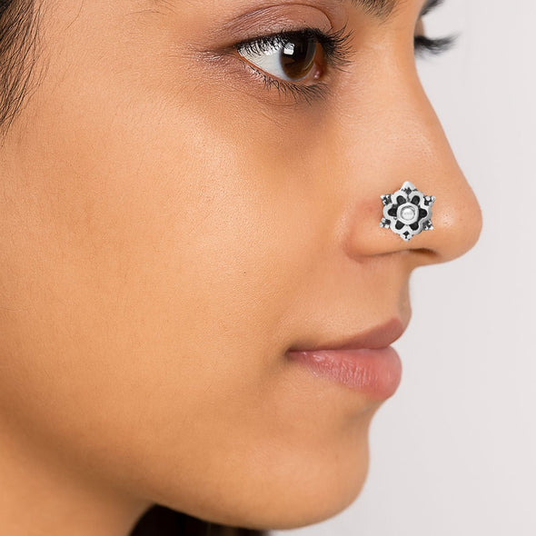 Multi Stone Antique Petal Design Nose Pin - Sterling Silver