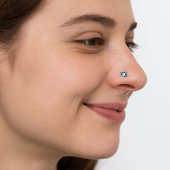 White Gemstone Floral Nose Pin - Sterling Silver