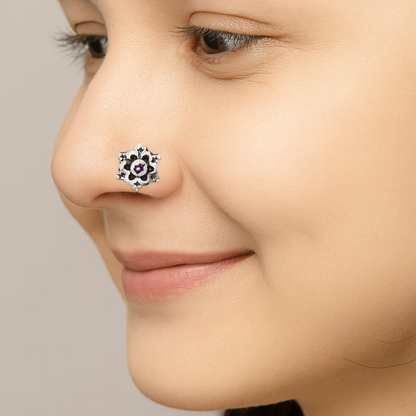 Red Gemstone Floral Nose Pin - Sterling Silver