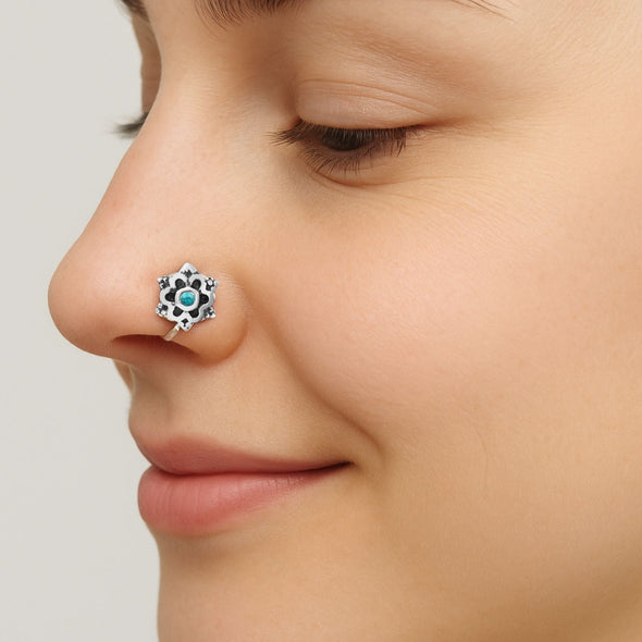 Round Blue Turquoise Nose Pin - Sterling Silver