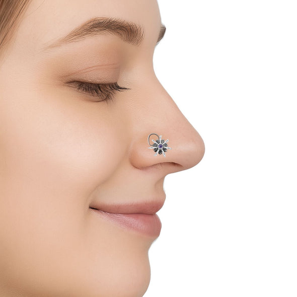 Blue Gemstone Floral Design Nose Pin – Sterling Silver