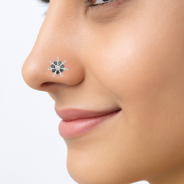 White Gemstone Floral Design Nose Pin – Sterling Silver