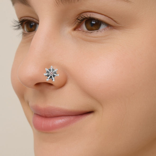 Pink Gemstone Floral Design Nose Pin – Sterling Silver