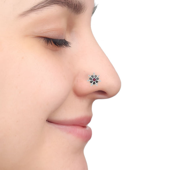Red Gemstone Floral Design Nose Pin – Sterling Silver