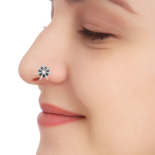 Pearl Round Floral Design Nose Ring - Sterling Silver