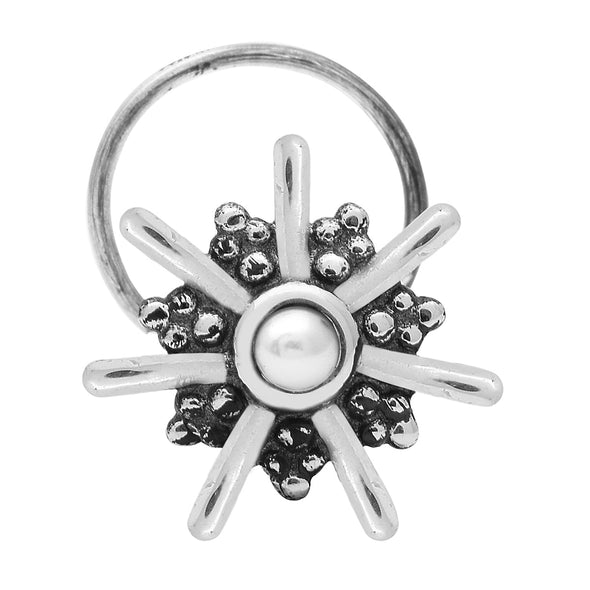 Pearl Round Floral Design Nose Ring - Sterling Silver