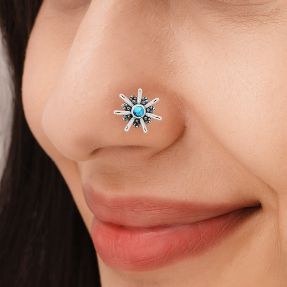 Blue Turquoise Gemstone Nose Pin - Sterling Silver