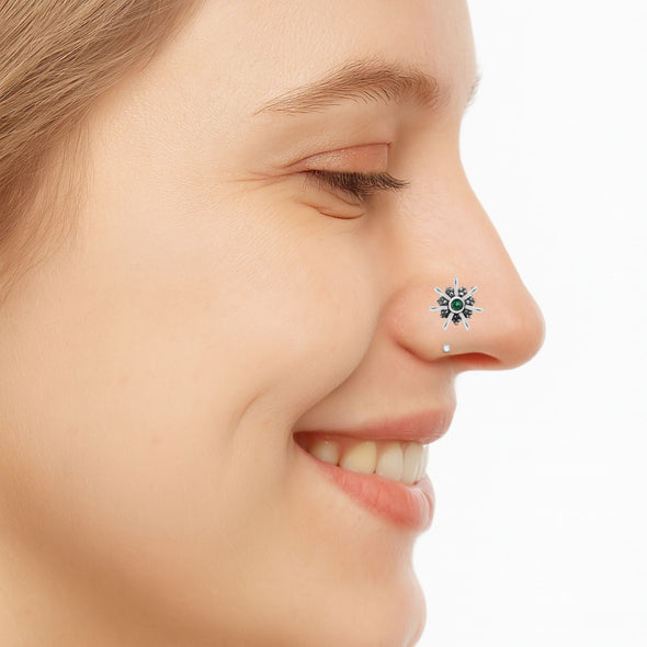 Green Gemstone Floral Design Nose Pin – Sterling Silver