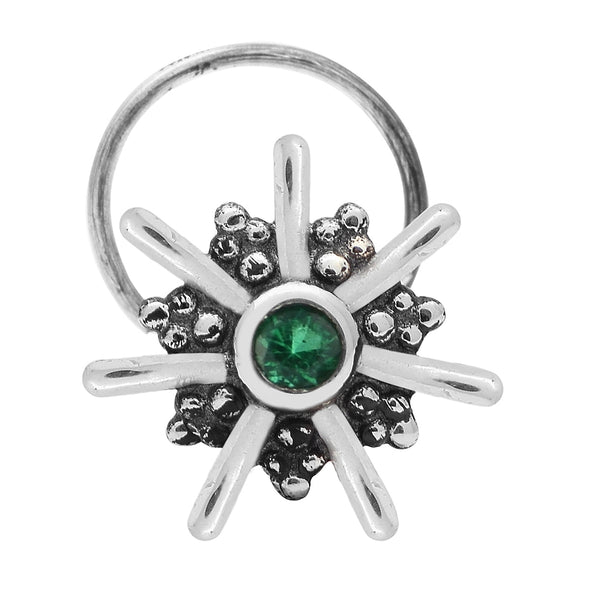 Green Gemstone Floral Design Nose Pin – Sterling Silver