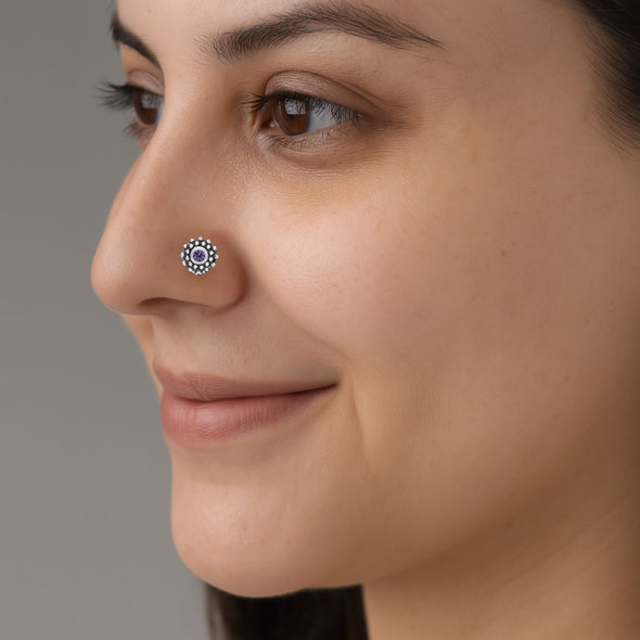 Blue Gemstone Tribal Dot Nose Pin - Sterling Silver