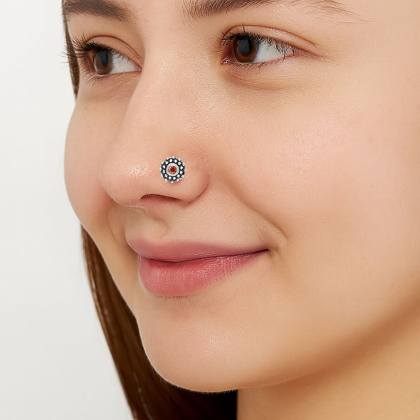 Orange Gemstone Tribal Dot Nose Pin - Sterling Silver