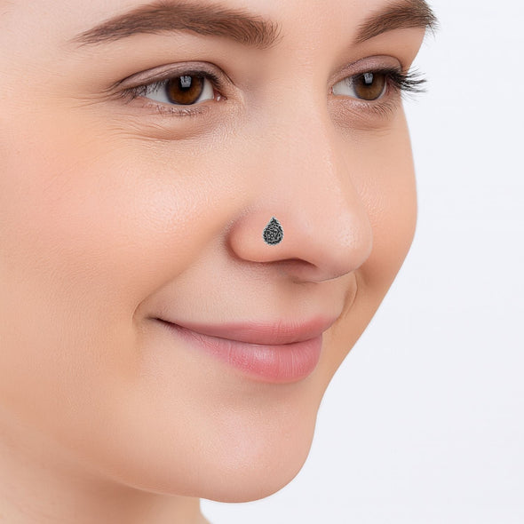 Oxidized Floral Paisley Design Nose Pin - Sterling Silver