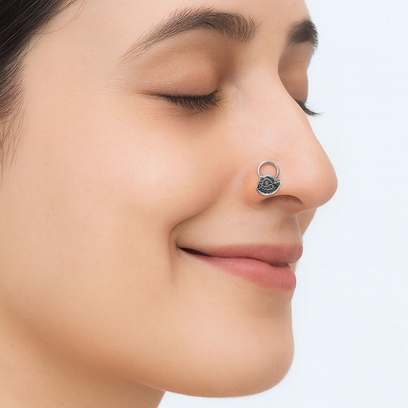 Oxidized Tribal Design Nose Pin - Sterling Silver