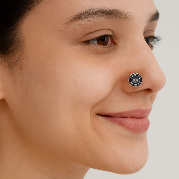 Floral Disc Tribal Design Nose Pin - Sterling Silver