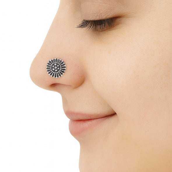 Sunburst Tribal Oxidized Nose Pin – Sterling Silver