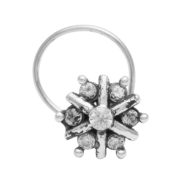 White Gemstone Radiant Starburst Nose Pin - Sterling Silver
