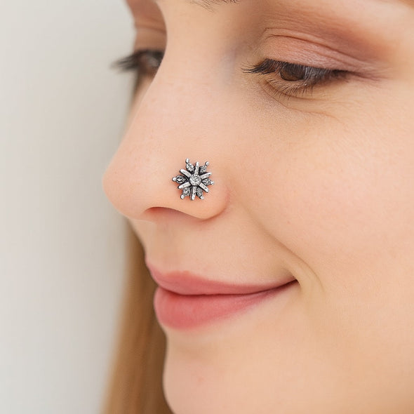 White Gemstone Radiant Starburst Nose Pin - Sterling Silver