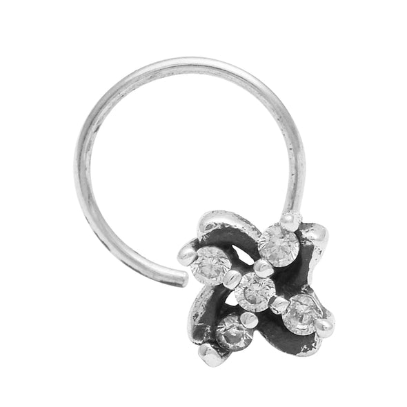 White CZ Twisted Floral Nose Pin - Sterling Silver