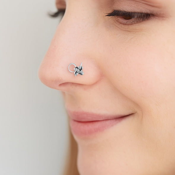 White CZ Twisted Floral Nose Pin - Sterling Silver