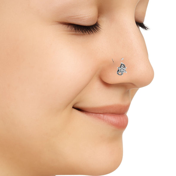 White Gemstone Curved Floral Nose Pin - Sterling Silver
