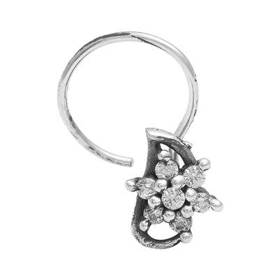White Gemstone Curved Floral Nose Pin - Sterling Silver