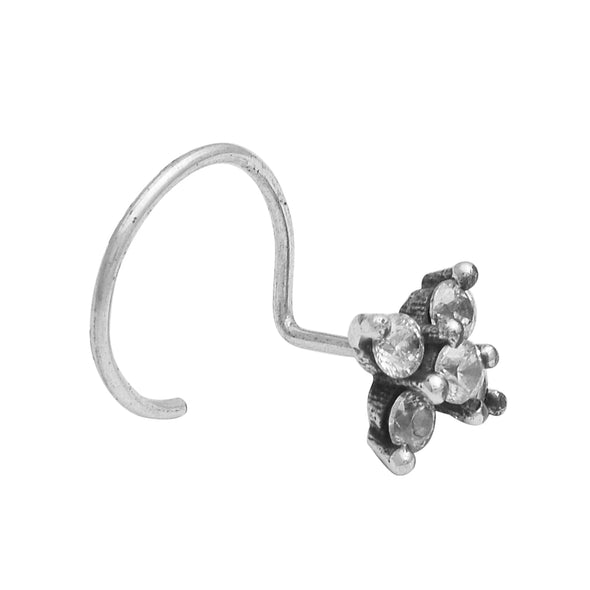 White Gemstones Minimal Floral Nose Pin - Sterling Silver