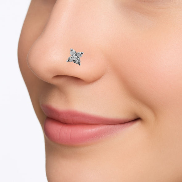 White Gemstones Minimal Floral Nose Pin - Sterling Silver