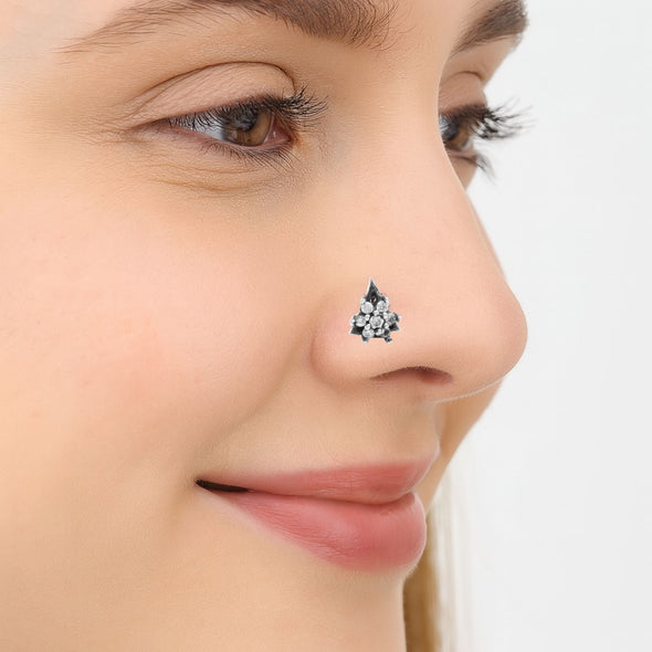 White Gemstone Triangle Nose Pin - Sterling Silver