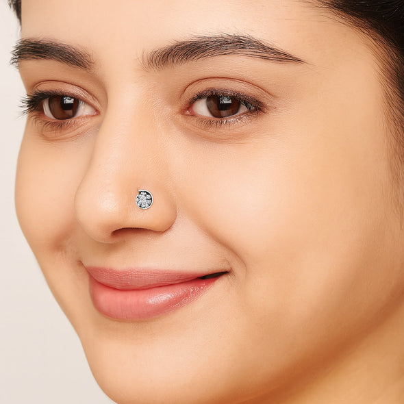 White Gemstone Cluster Swirl Design Nose Pin - Sterling Silver