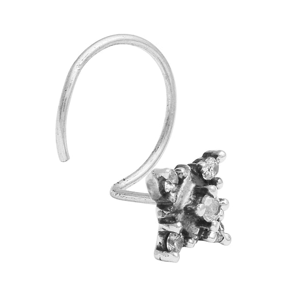 White Gemstone Floral Square Design Nose Pin - Sterling Silver