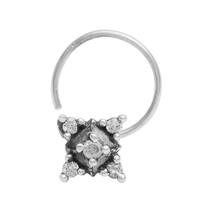 White Gemstone Floral Square Design Nose Pin - Sterling Silver