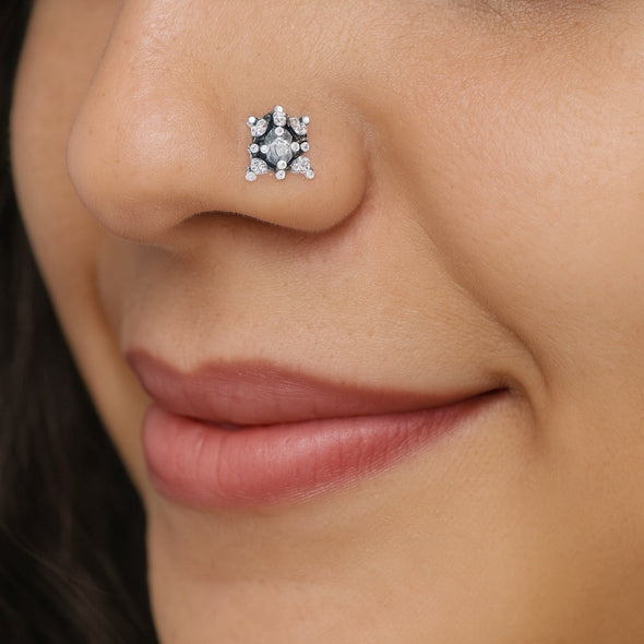 White Gemstone Floral Square Design Nose Pin - Sterling Silver