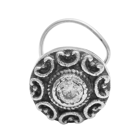 White Gemstone Nose Pin Vintage Embossed Design - Sterling Silver
