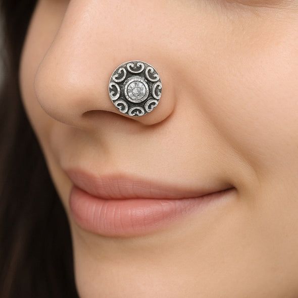 White Gemstone Nose Pin Vintage Embossed Design - Sterling Silver