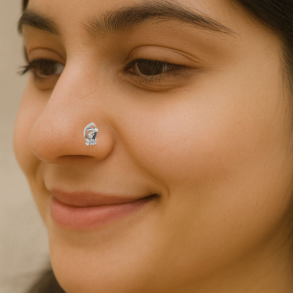 White Gemstone Leaf Design Nose Pin - Sterling Silver