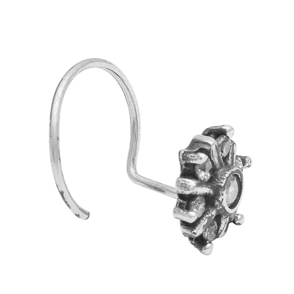 White Stone Floral Nose Pin - Sterling Silver