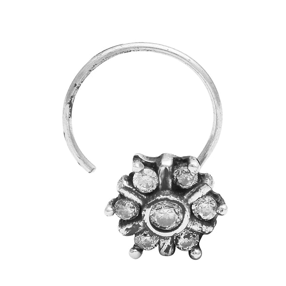 White Stone Floral Nose Pin - Sterling Silver