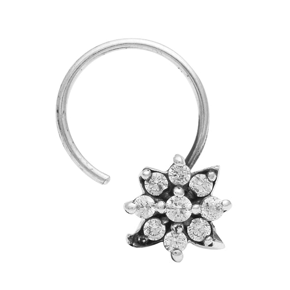 White Gemstone Starburst Petal Design Nose Pin - Sterling Silver