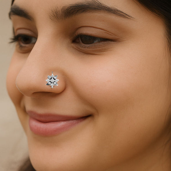 White Gemstone Starburst Petal Design Nose Pin - Sterling Silver