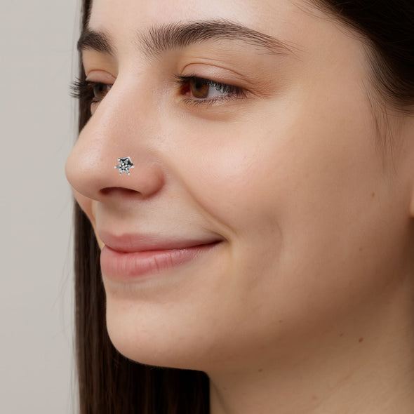 White Gemstone Geometric Nose Pin - Sterling Silver