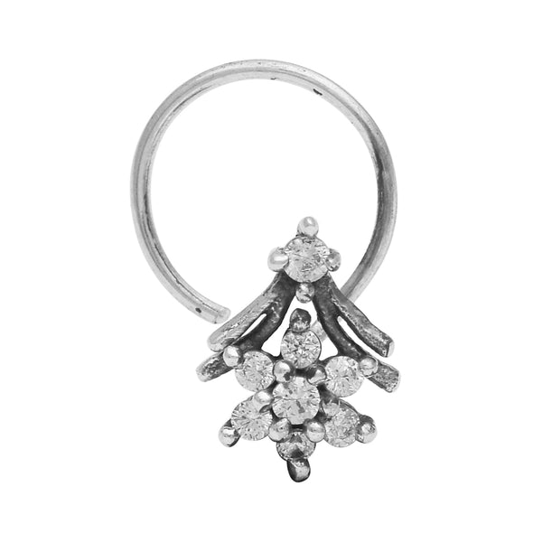 White Gemstone Leaf Cluster Nose Pin - Sterling Silver