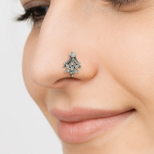 White Gemstone Leaf Cluster Nose Pin - Sterling Silver