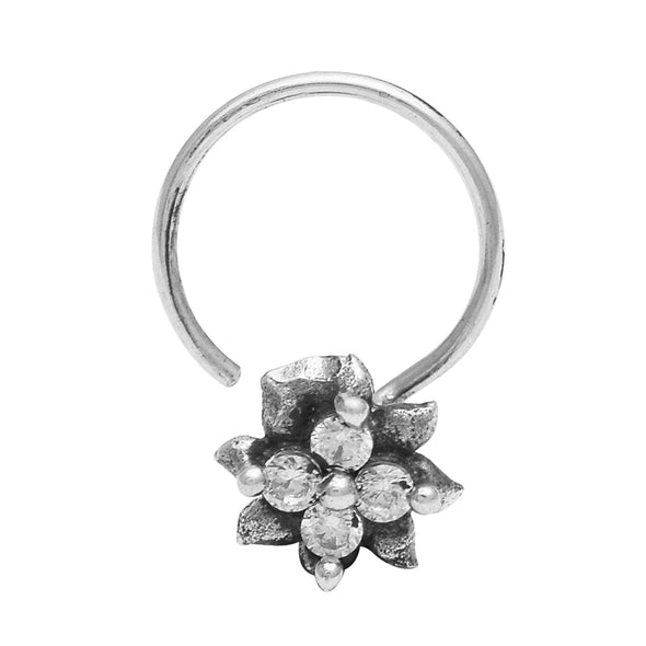 White Gemstone Floral Nose Pin - Sterling Silver