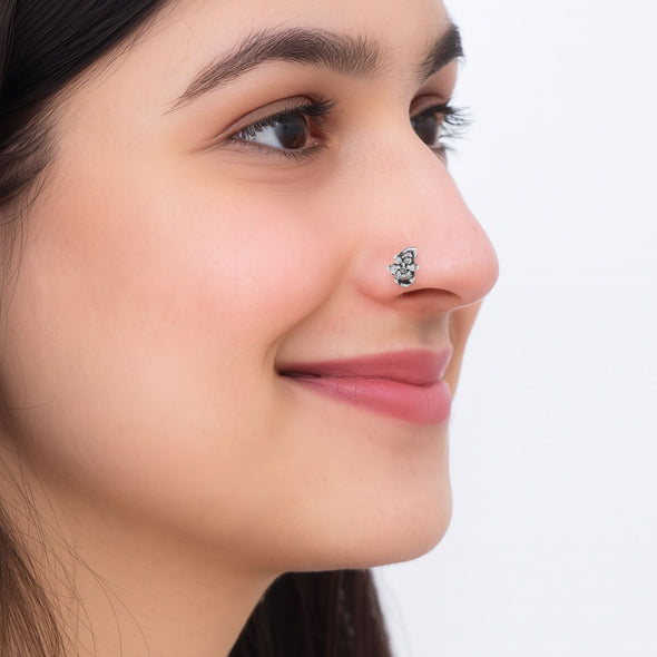 White Gemstone Leaf Ethnic Nose Pin - Sterling Silver