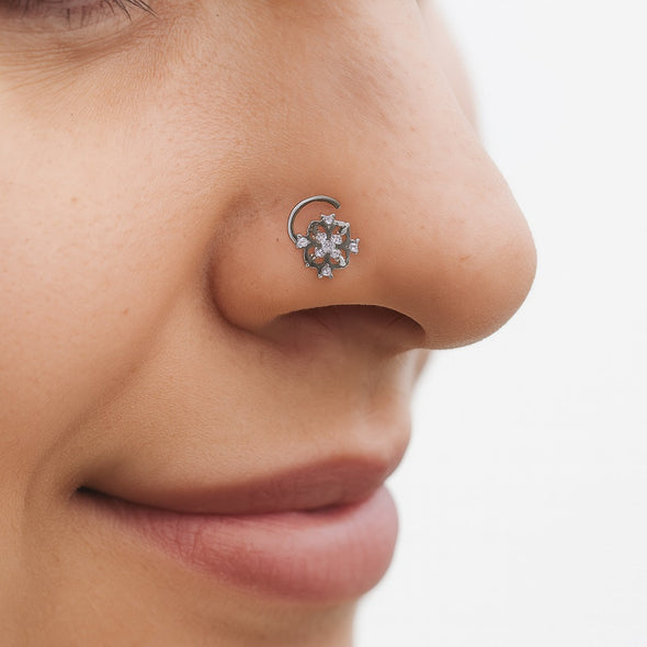 Cutout Floral Diamond Nose Pin - Sterling Silver