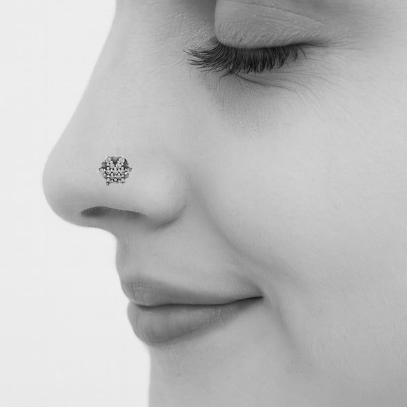 White Gemstone Floral Cluster Nose Pin - Sterling Silver