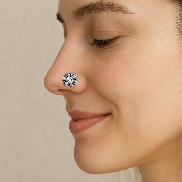 Floral Diamond Cluster Nose Pin - Sterling Silver