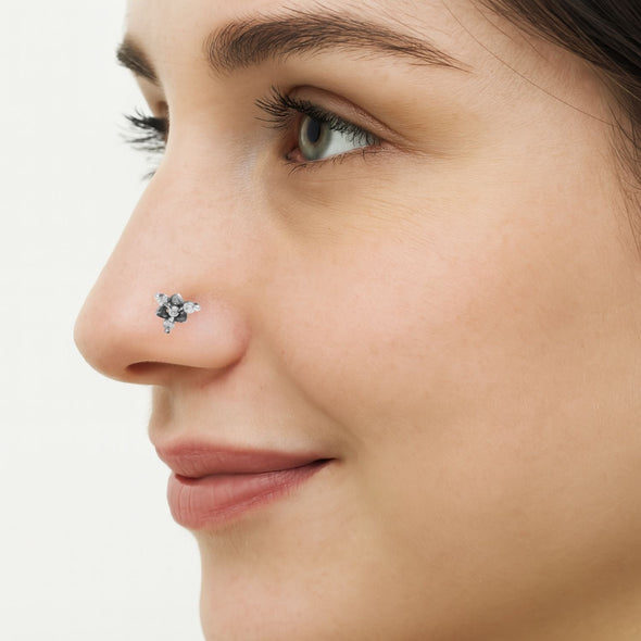 Petite Floral Diamond Nose Pin - Sterling Silver